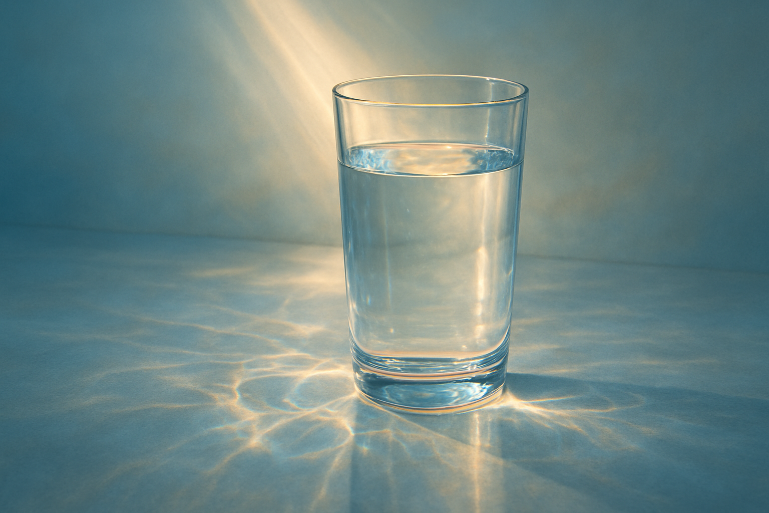A radiant beam of sunlight filters through a crystalclear glass of water casting delicate reflections on a smooth polished surface The gentle ripples