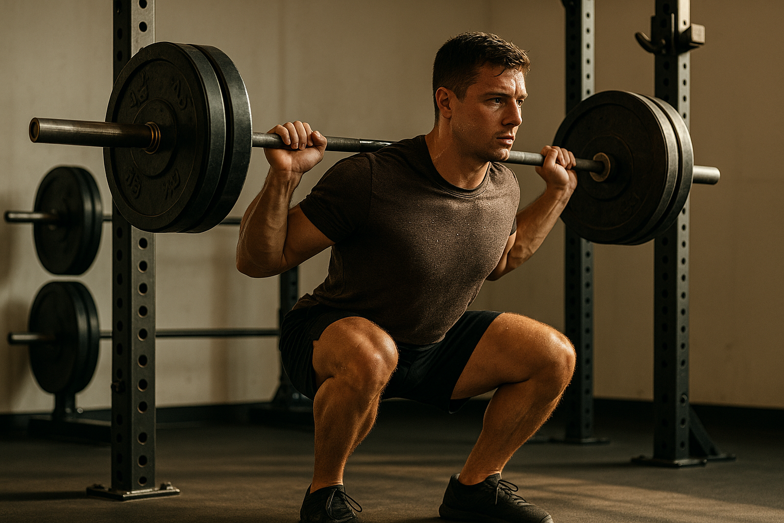 A realistic photograph captures an athlete executing a barbell back squat in a professional gym setting emphasizing the essence of strength training T