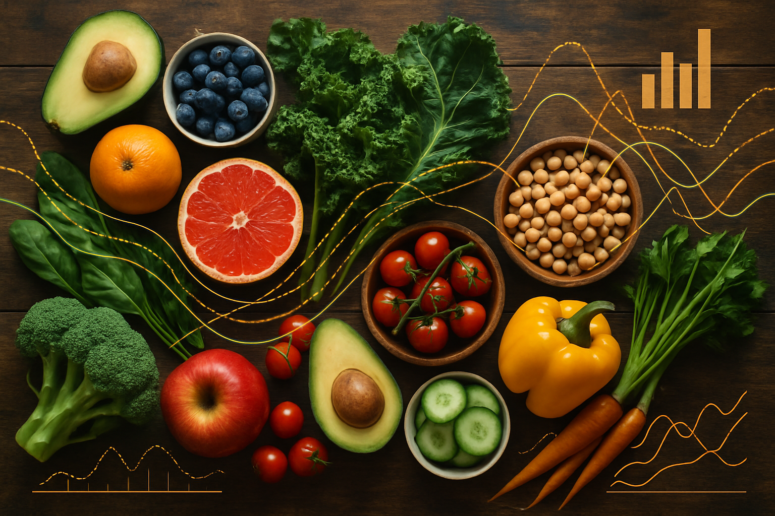 Imagine a flatlay composition featuring an array of vibrant fresh foods such as ripe fruits leafy greens and colorful vegetables artfully arranged on