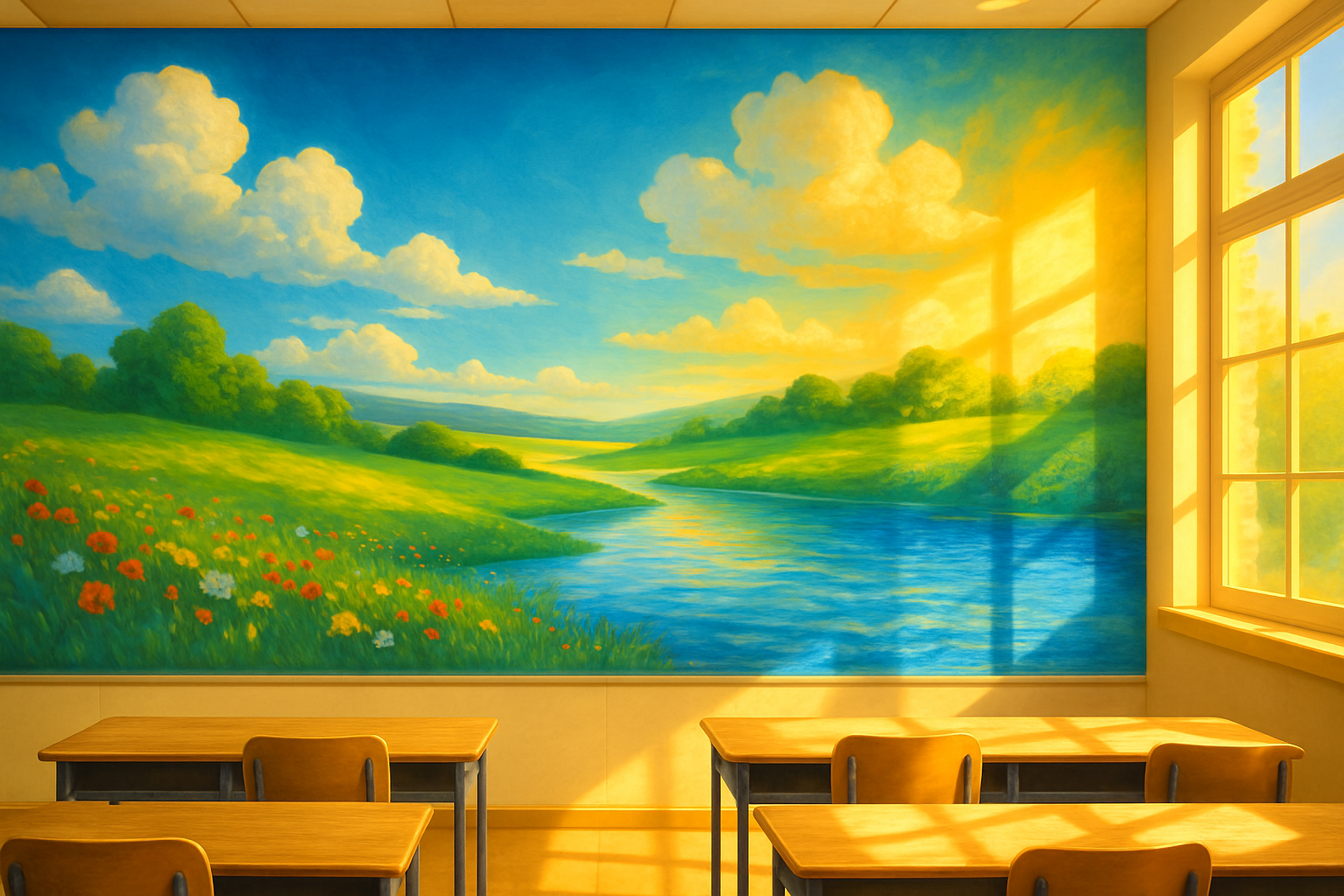 Imagine a vibrant classroom mural that seamlessly blends the sky land and water into a harmonious scene symbolizing the balance of knowledge The mural-1