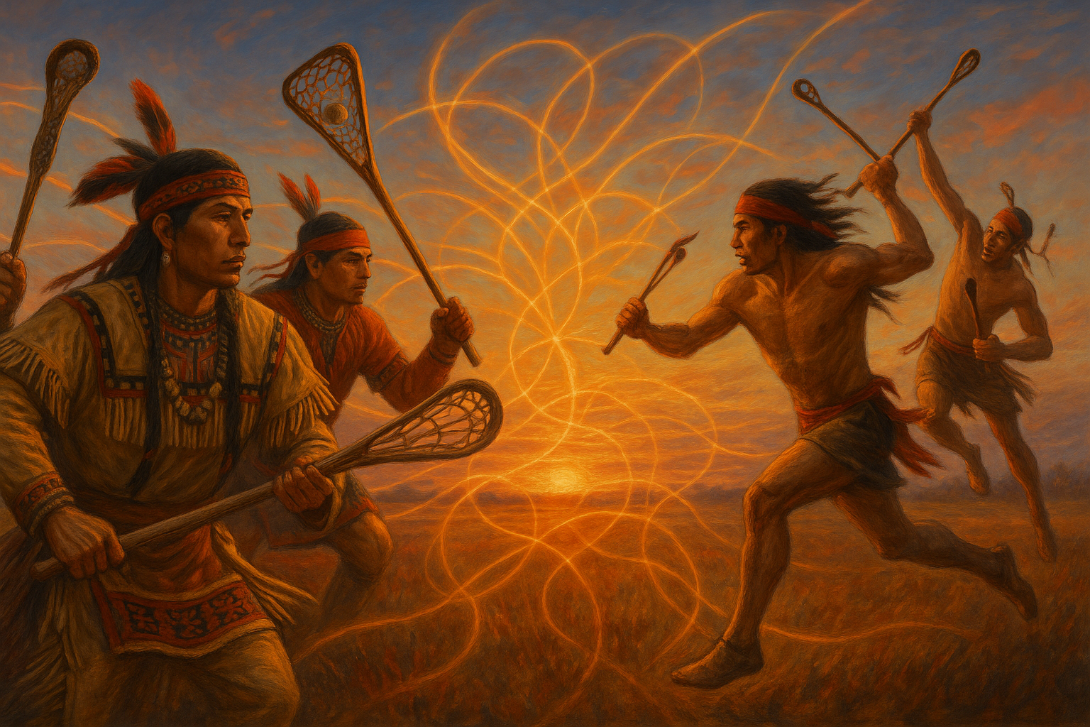 In a captivating scene the left side features Haudenosaunee Iroquois lacrosse players clad in traditional attire skillfully wielding intricately craft-1-1