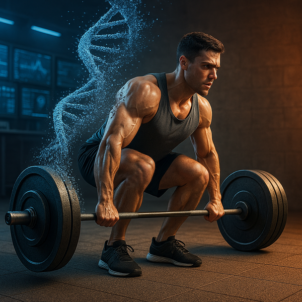 In a dynamic scene a realistic DNA helix gracefully dissolves into a sturdy barbell seamlessly held by a determined athlete in midlift The background-1-1