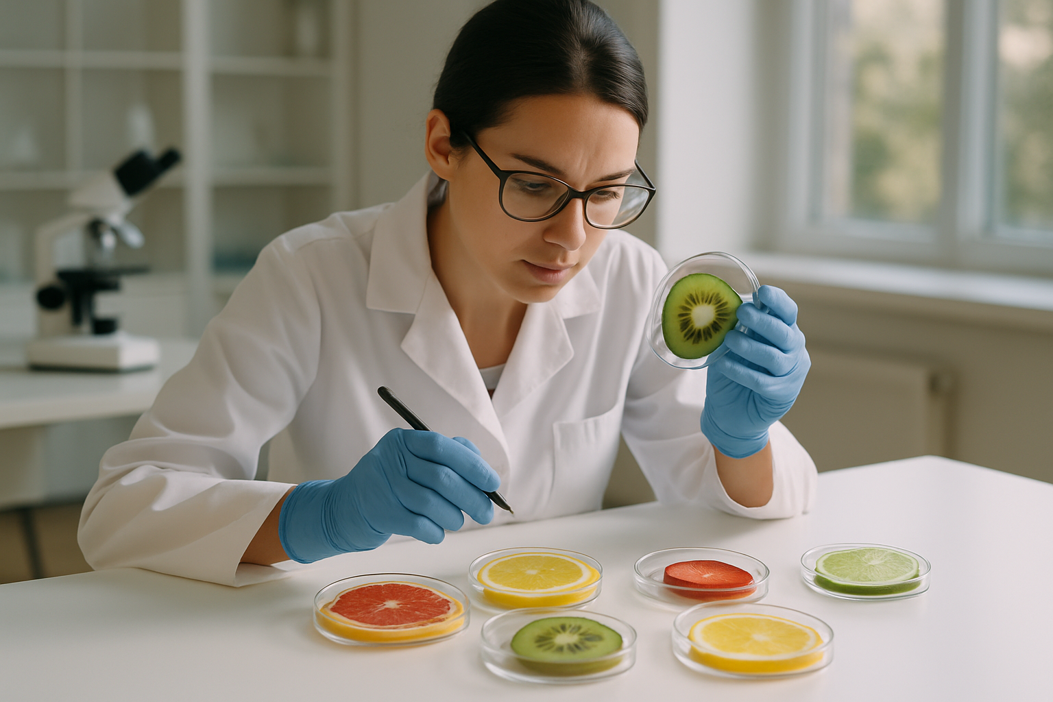 In a serene laboratory setting a focused scientist meticulously analyzes vibrant slices of assorted fruits each carefully placed in transparent petri
