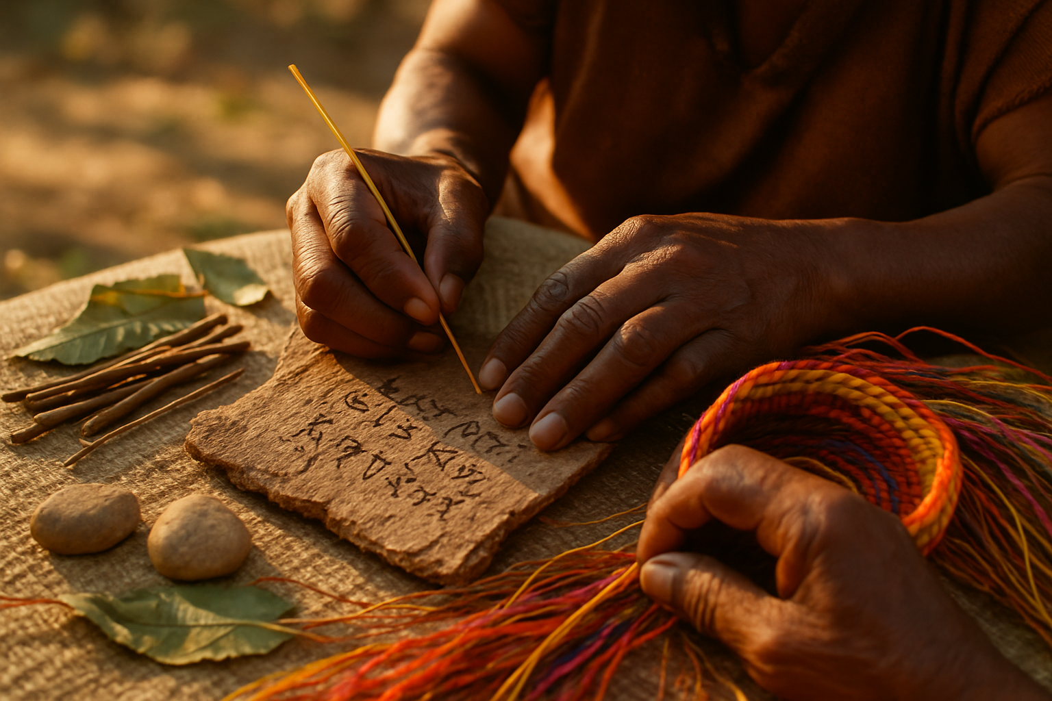 In a serene sunlit setting a closeup captures the intricately textured hands of an Indigenous artisan weaving vibrant fibers Surrounding them are natu-1