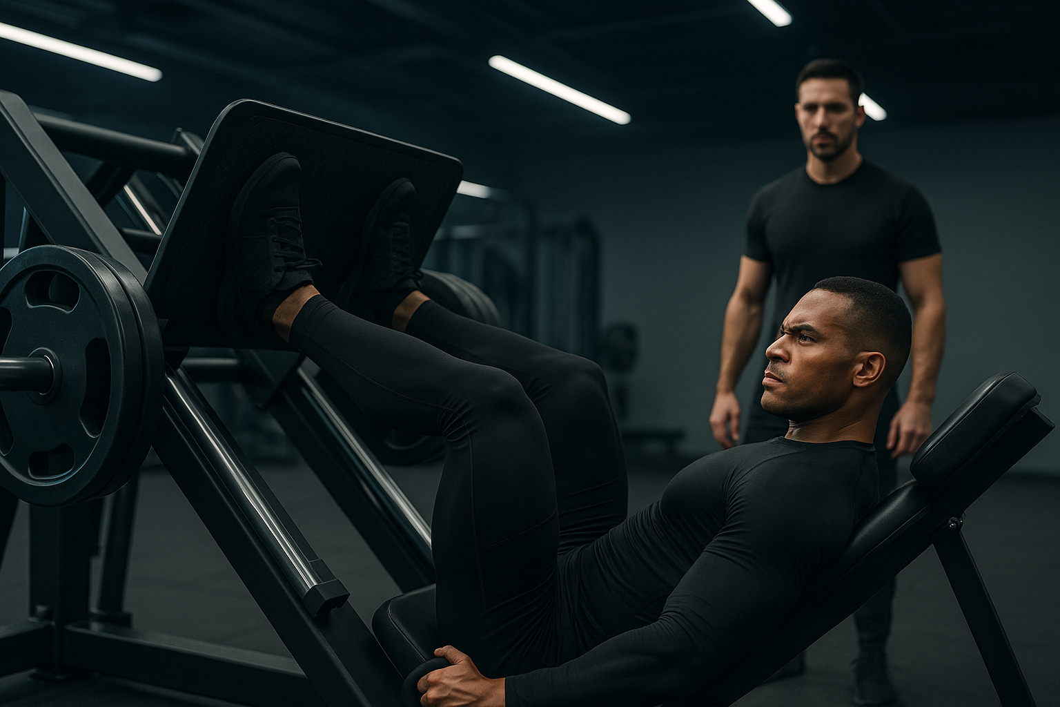 In a sleek modern gym an athlete exudes determination as they power through a leg press workout Their feet are firmly placed hipwidth apart on the pla