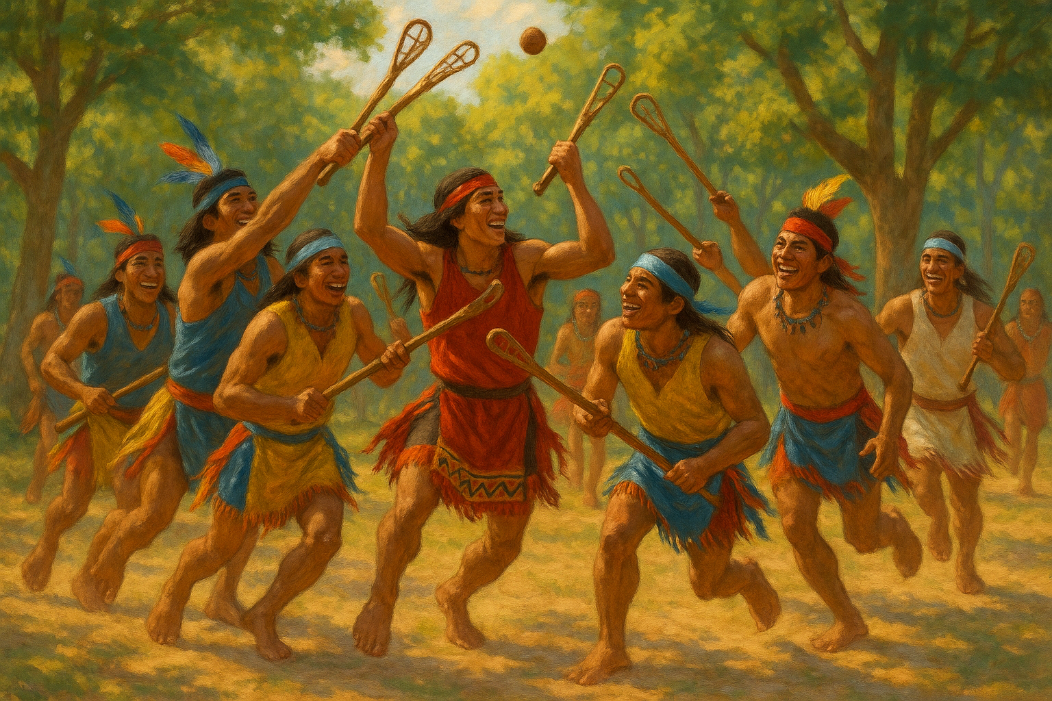 In a sundrenched clearing surrounded by lush trees a vibrant group of Indigenous players engages in the spirited game of Choctaw Stickball The scene c-1