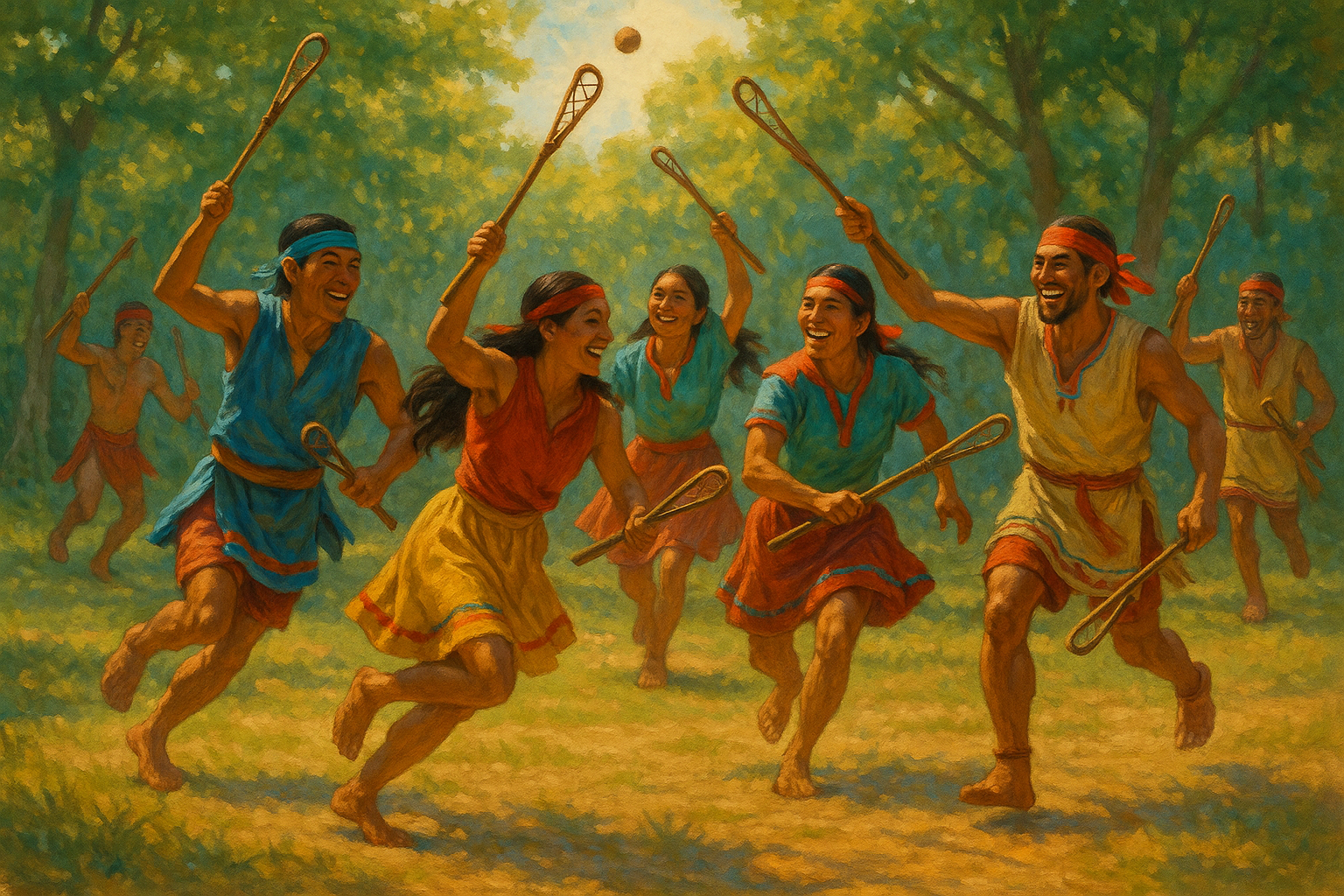 In a sundrenched clearing surrounded by lush trees a vibrant group of Indigenous players engages in the spirited game of Choctaw Stickball The scene c