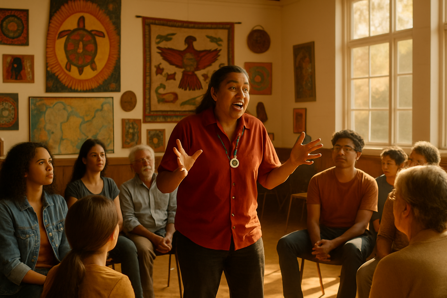 In a sunlit community hall an Indigenous educator stands passionately before a diverse group of eager listeners hands animatedly gesturing as they sha-1