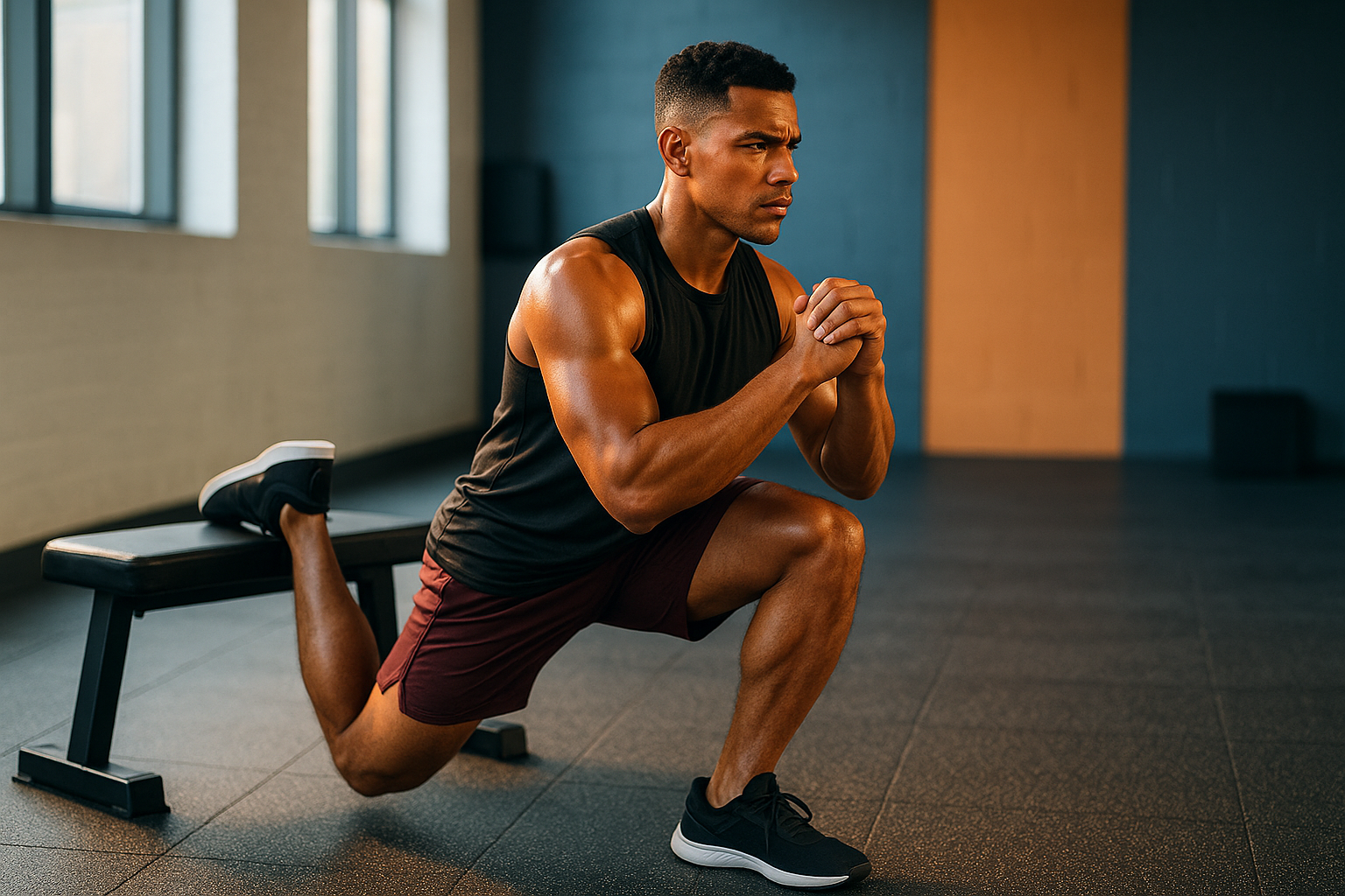 In a vibrant training studio an athlete executes a Bulgarian split squat their front knee bent at a perfect 90 degrees while the back foot rests on an-1