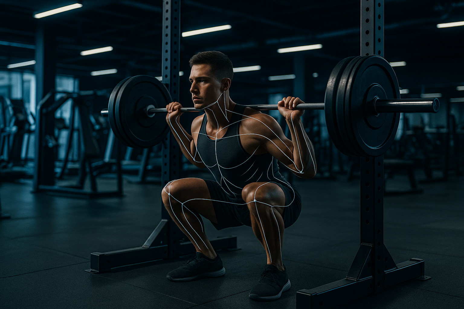 photographic In a sleek modern gym filled with hightech equipment an athlete is captured midback squat their form perfectly aligned as digital motionc
